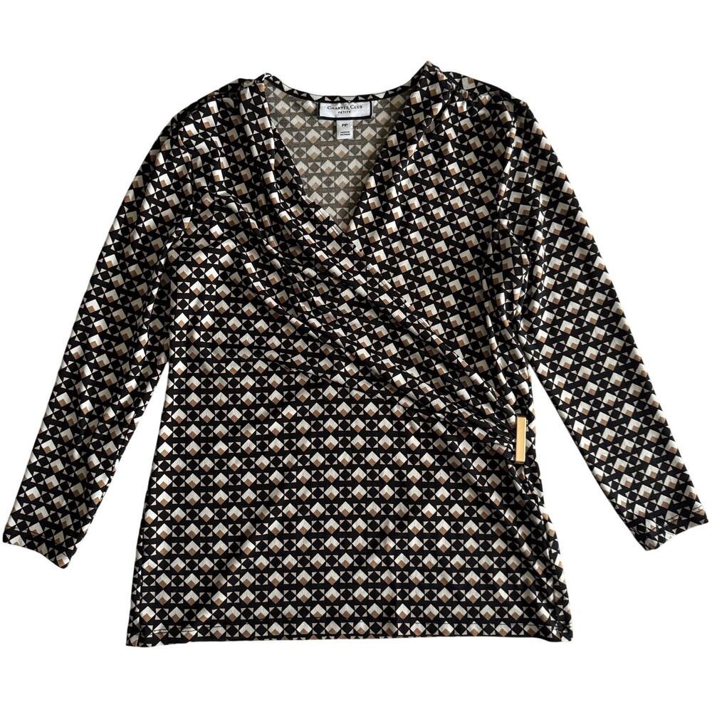 Charter Club Women’s Petite Geometric Print Top Polyester Spandex Blouse